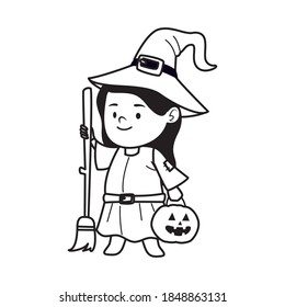 cute little girl dressed as a witch line style vector illustration design