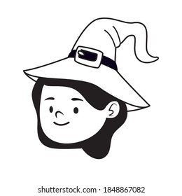cute little girl dressed as a witch head character line style vector illustration design