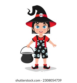 Cute little girl dressed as a witch with a candy pot
