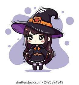 Cute little girl dressed as a witch. Halloween vector illustration.