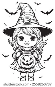 Cute little girl dressed as a witch. Halloween vector illustration. Vector black and white illustration for coloring book page.