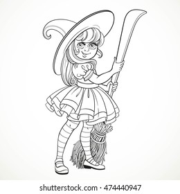 Cute little girl dressed as witch with a broom standing on a white background outline for coloring