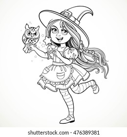 Cute little girl dressed as witch with a owl and magic wand standing on a white background outline for coloring