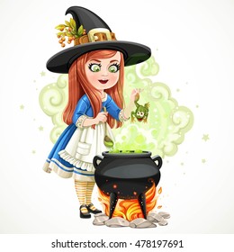 Cute little girl dressed as a witch throwing frog in the cauldron isolated on white background