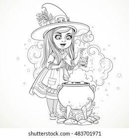 Cute little girl dressed as a witch throwing frog in the cauldron outline for coloring isolated on white background