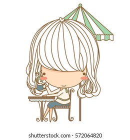 Cute little girl drink coffee, outdoors. Vector illustration, character design.