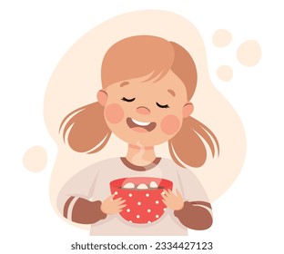 Cute little girl drinking cocoa. Happy kid drinking tasty hot beverage cartoon vector illustration