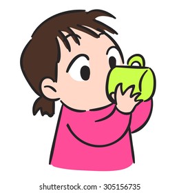 Cute little girl drinking water from glass,isolate Vector Stock