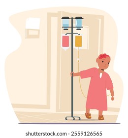 Cute little girl with dripper walking through hospital hall of cancer pediatric clinic cartoon scene. Brave small kid struggling with dangerous harmful disease vector illustration. Childhood oncology