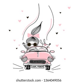 Cute little girl drive pink dolly car with dog Vector doodle illustration in pink colour for girlish designs like textile apparel t-shirt print, wall art, poster, stickers, cards and more.