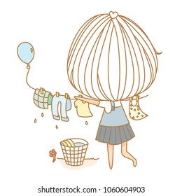 Cute little girl dry clothes. Vector illustration, character design