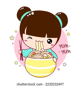 Cute little girl eat ramen noodles. Inscription Yum yum. Kawaii baby girl are happy to eat noodles. Vector illustration EPS8