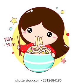 Cute little girl eat ramen noodles. Inscription Yum yum. Kawaii baby girl are happy to eat noodles. Can be used for t-shirt, poster, greeting card design. Vector illustration EPS8