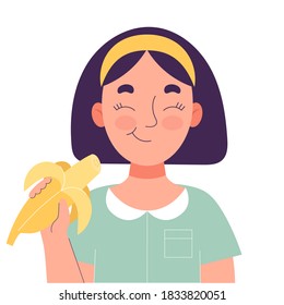 Cute little girl eating banana. Healthy food concept, healthy snack. Fruits, vitamins. Flat vector isolated illustration on white background