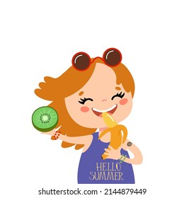 Cute little girl eating banana and kiwi. Summer happiness and healthy food concept. Happy kid in sunglasses likes fresh ripe fruit. Cartoon child has a nice holiday. Vector illustration, flat design