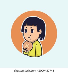 Cute little girl eating bread illustration