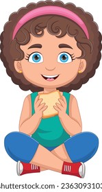 cute little girl is eating bread cartoon