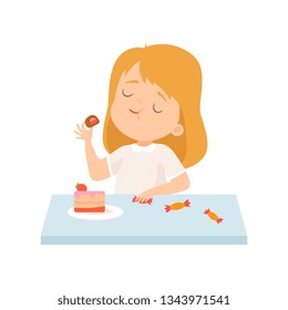 Cute Little Girl Eating Cake and Sweets Vector Illustration