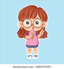 Cute little girl eating ie cream editable colorful vector illustration for children, baby designs for cards, poster decorations, t-shirt prints, stickers, icons and others