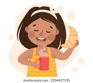 Cute little girl eating croissant and drinking tea. Happy kid having breakfast cartoon vector illustration