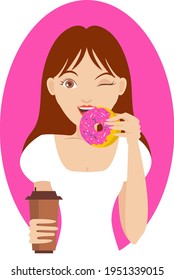 Cute little girl eating donut and drinking coffee Vector illustration