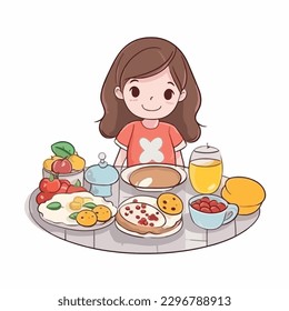 Cute little girl eating healthy food, milk, fruit, meat, vegetable cartoon flat character vector illustration