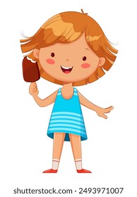 Cute little girl eating ice-cream. Cheerful kid cartoon character