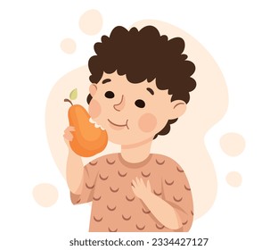 Cute little girl eating pear. Happy kid eating fruit cartoon vector illustratio