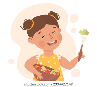 Cute little girl eating vegetables. Happy kid eating healthy food cartoon vector illustration