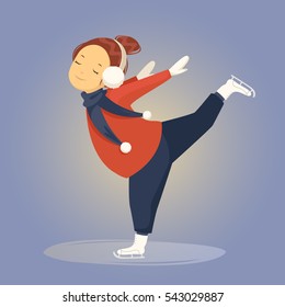 A cute little girl is engaged in figure skating. The ice dancing, winter. She scarf with pom-poms. The vector cartoon illustration. Character