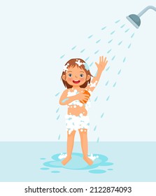 cute little girl enjoying having shower in the bathroom with fluffy soap bubble