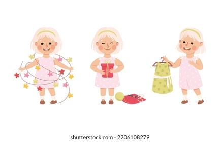 Cute Little Girl In Everyday Activities Set. Smiling Kid Holding Garland, Wrapping Gift Box And Choosing New Dress Cartoon Vector Illustration