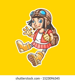 cute little girl explorer character mascot, wearing goggles,boot and helmet, backpack and waving cartoon illustration - vector