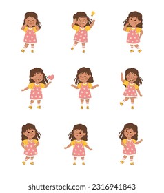 Cute little girl expressing different emotions set. Brunette girl dressed yellow t-shirt and pink sundress showing various face expression and gesturing cartoon vector illustration