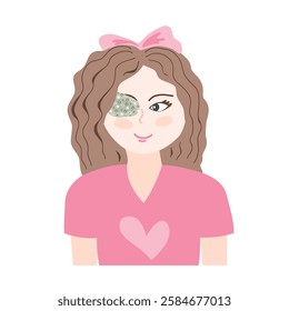 Cute little girl with an eye closed with sticking eye plaster. Amblyopia, strabismus, or lazy eye treatment. Isolated vector illustration