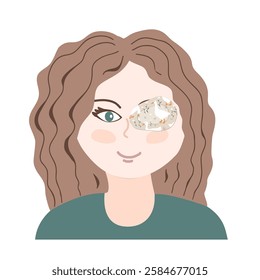 Cute little girl with an eye closed with sticking eye plaster. Amblyopia, strabismus, or lazy eye treatment. Isolated vector illustration.