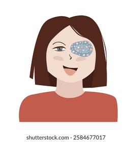 Cute little girl with an eye closed with sticking eye plaster. Amblyopia, strabismus, or lazy eye treatment. Isolated vector illustration