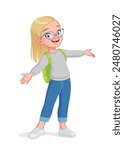 Cute little girl in eyeglasses greeting with wide open arms. Cartoon vector illustration isolated on white background.