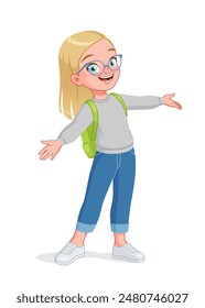 Cute little girl in eyeglasses greeting with wide open arms. Cartoon vector illustration isolated on white background.