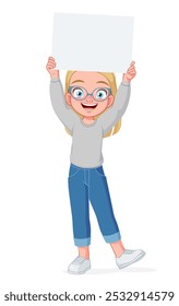 Cute little girl in eyeglasses holding a blank banner above her head. Cartoon vector illustration isolated on white background.