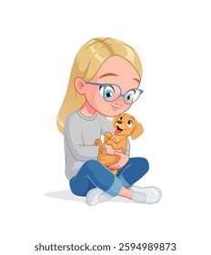 Cute little girl in eyeglasses holding a puppy. Cartoon vector illustration isolated on white background.