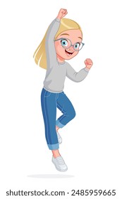 Cute little girl in eyeglasses jumping with one hand in the air. Cartoon vector illustration isolated on white background.