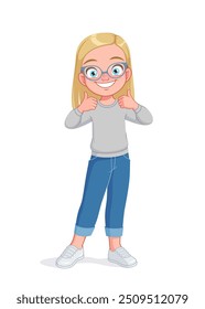Cute little girl in eyeglasses showing thumbs up. Cartoon vector illustration isolated on white background.