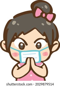 Cute little girl with face mask folds her hands together in respect, pay for the good health, press the hands together at the chest  