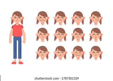 Cute little girl facial emotions. Set of different child face expressions. Vector illustration