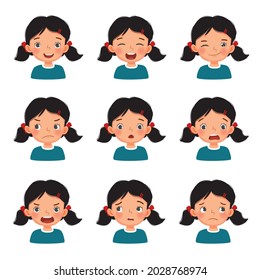 Cute little girl with facial expressions set. Vector of kid faces with different emotions such as happy, smiling, laughing, winking, sulking, surprised, shocked, angry, confused,  and worried.