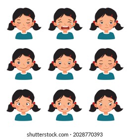 Cute little girl with facial expressions set. Vector of kid faces with different emotions such as sad, crying, tired, excited, playful, in love, peaceful, cheerful, silly face, embarrassed, regret.