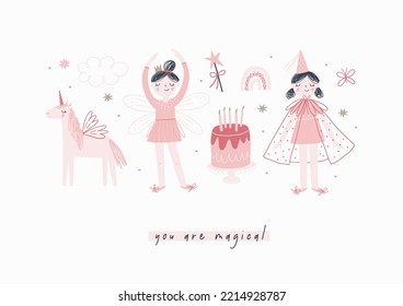 Impresión vectorial de princesa de hadas de niña. Personaje de chica de cuento de hadas con palo y corona. Ilustración vectorial plana - reino mágico