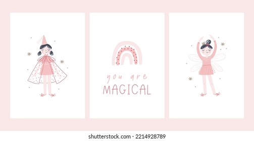 Impresión vectorial de princesa de hadas de niña. Personaje de chica de cuento de hadas con palo y corona. Ilustración vectorial plana - reino mágico