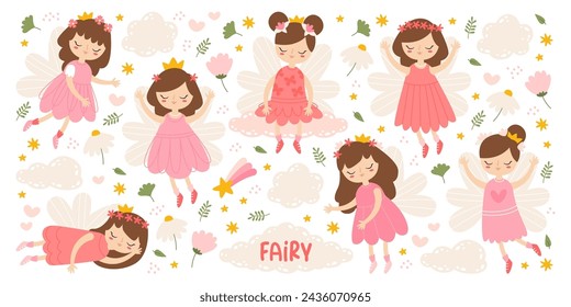 Nettes kleines Mädchen Fee Prinzessin mit Flügeln in hübschem Kleid und Gartenblumen blühen Vektor-Illustration. Schöne magische weibliche Kinderfigur fliegen, tanzen, Schlafset isoliert auf weiß